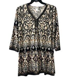 Christopher & Banks Brown Cream Tribal Print VNeck 3/4 Sleeve Stretch Tunic XL